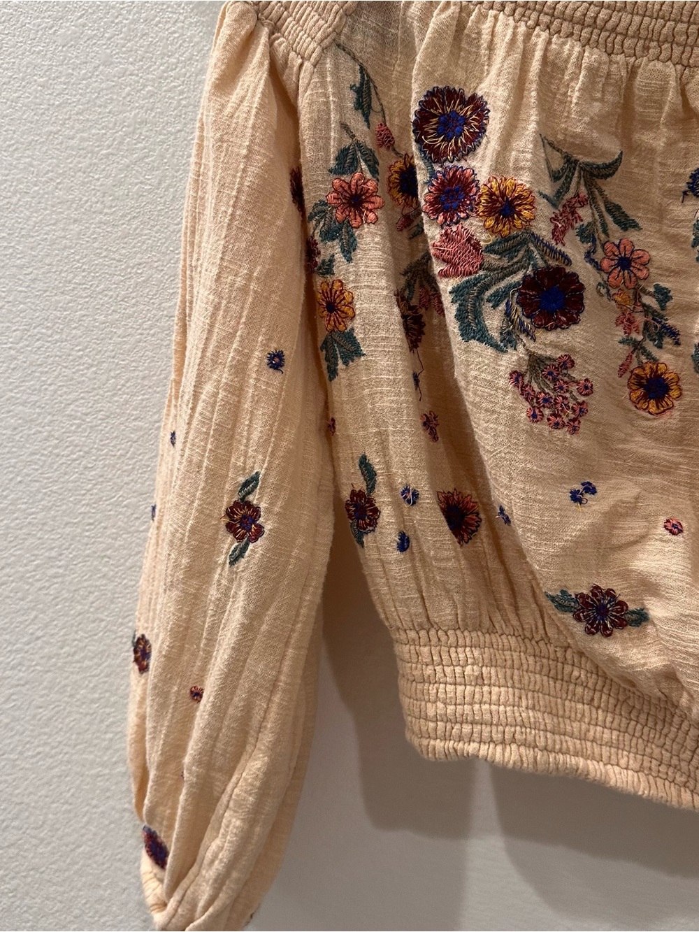 Free People Beige Saachi Top with Multicolor Floral Embroidery